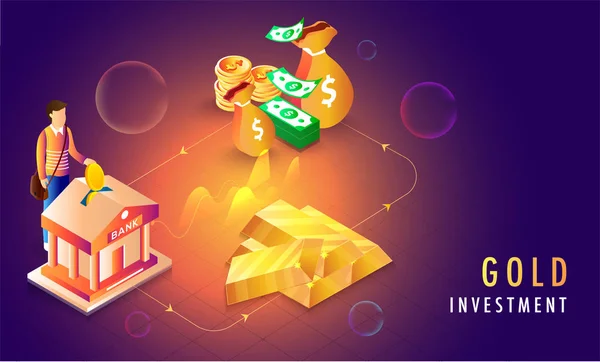 Gold Investment Concept Based Web Design Isometric Gold Bullets Money — стоковый вектор