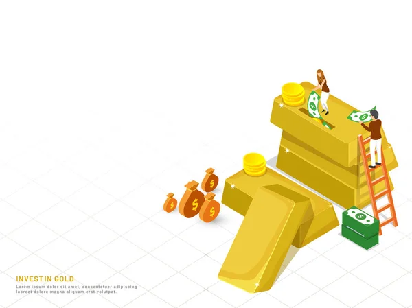 Investovat Zlata Koncepci Vstupní Stránky Design Izometrické Zlata Bar Mince — Stockový vektor