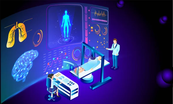 未来の医療技術ベースの等尺性デザインで全身疾患 バイオ 医療概念を医者検索マシンを介してスキャン — ストックベクタ