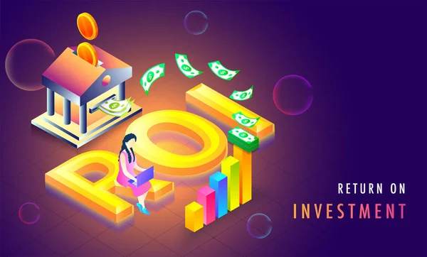 Golden Text Return Investment Roi Isometric Background Growth Profit Graphs — Stock Vector