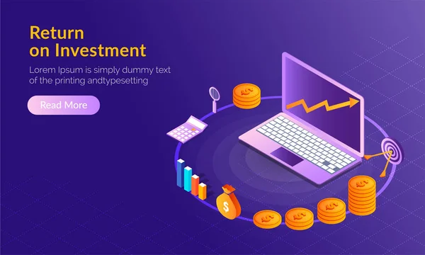 Concept Retour Sur Investissement Roi Ordinateur Portable Isométrique Avec Piles — Image vectorielle