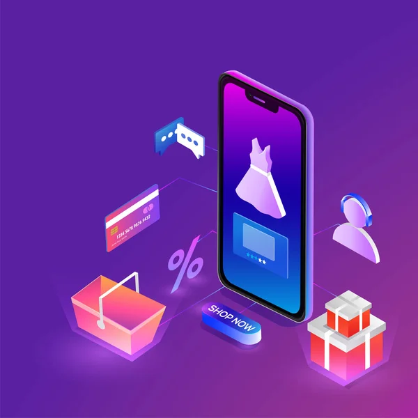 Concept Achat Ligne Illustration Isométrique Smartphone Avec Plusieurs Équipements Achat — Image vectorielle