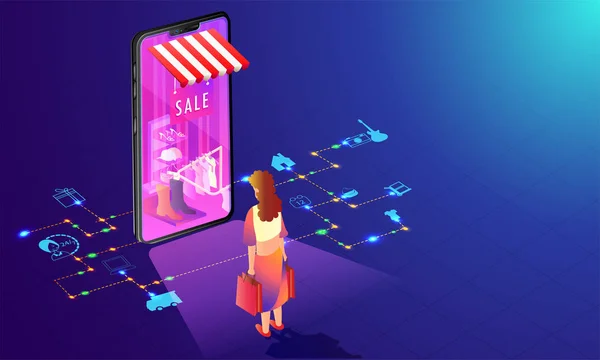 Online Shopping Geschäft Smartphone Mit Mehreren Dienstleistungen Und Online Shop — Stockvektor