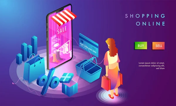 Online Shopping Vstupní Stránky Design Žena Nakupovat Online Obrázek Nákupního — Stockový vektor