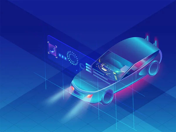自主汽车在闪亮的蓝色背景下 未来汽车技术 — 图库矢量图片