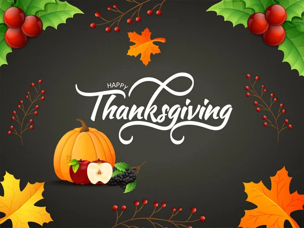 快乐感恩节贺卡设计与水果元素和装饰枫叶灰色背景 — 图库矢量图片