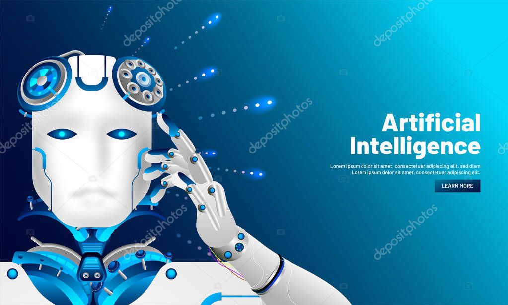 Artificial intelligence (AI) responsive web template design, Cyborg thinking on shiny blue background for Machine learning concept.