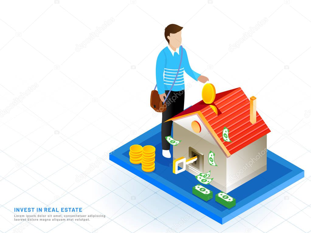 Isometric design for Invest In Real Estate, man invest his money in real estate for best value or profit, Financial strategy based responsive web template.