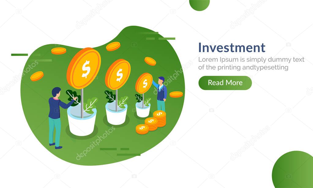 Miniature people maintaining Money Plant for Financial Investment concept based web template design.