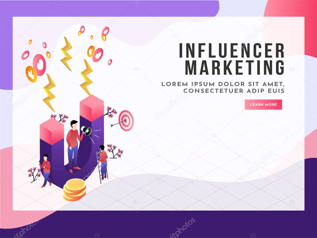 Miniature people as buyer and shopper holding megaphone and magnet attract potential buyers, isometric concept for Influencer Marketing.