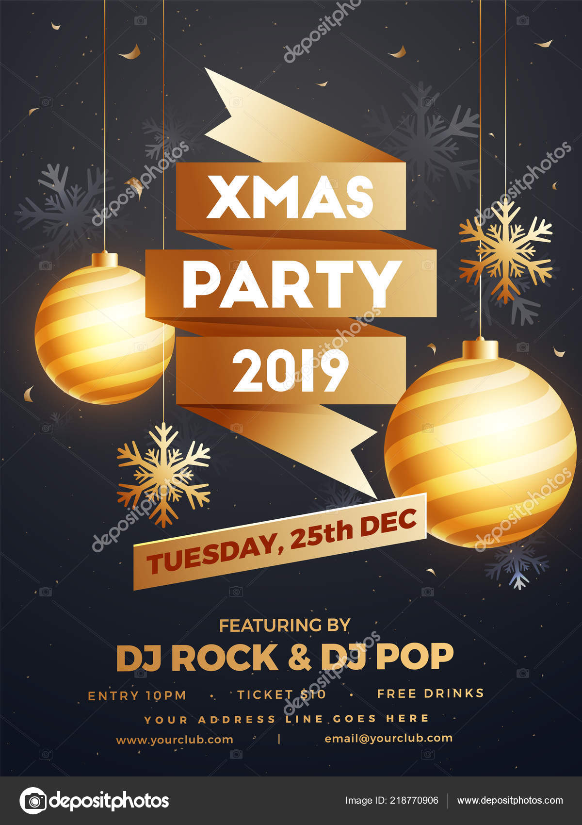 xmas party 2019 template flyer design decorated hanging baubles