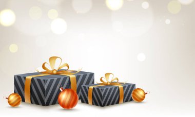 3D hediye kutuları ve üzerinde parlak baubles arka plan, metin için yer ile bulanık.