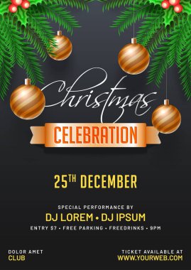 Holly çilek ve siyah arka plan üzerine dekoratif topları gibi Noel süsler ile dekore davetiye kartı veya el ilanı tasarımı.