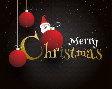 Neşeli Noel kutlama tebrik kartı tasarımı baubles ve santa siyah arka plan üzerine asılı çizim ile.