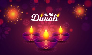 Ünal (mutlu) Diwali arka plan aydınlatılmış kandil ve Hint Festivali kutlama kavramı için mor çiçek arka plan üzerinde havai fişek ile.