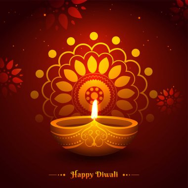 Mutlu Diwali tebrik kartı tasarımı ile Hint Festivali kutlama konsepti için kahverengi çiçek arka plan üzerinde gerçekçi kandil.