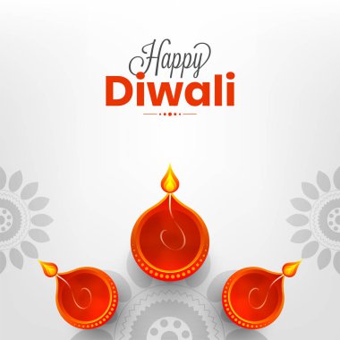 Mutlu Diwali tebrik kartı tasarımı, ışıklı kandil kutlama konsepti için beyaz arka plan üzerinde yukarıdan.