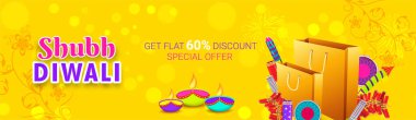 Düz % 60 indirim teklif ünal (mutlu) Diwali satışa olsun. Reklam afişi alışveriş torbaları, yangın kraker ve kandil sarı arka plan bulanık üzerinde çizim ile.