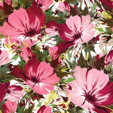 Dikişsiz desen arka plan güzel pembe çiçek yeşil yaprakları ile süslenmiş.