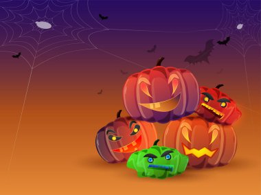 Cadılar Bayramı festival kutlaması için parlak mor ve turuncu arka plan üzerinde renkli kabaklar.