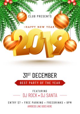 Yeni yıl partisi kutlama şablon tasarımı ile beyaz arka plan üzerinde 3d altın metin 2019 biblo ve holly Karpuzu asılı ile dekore edilmiş.
