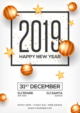 «Ana sayfa» 2019 görünümünü mutlu yeni yıl partisi şablonu tasarım dekore baubles ve yıldız için kutlama kavramı ile.