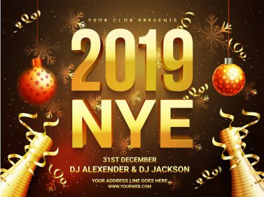 Yeni yıl kutlama afiş tasarımı 3d metin 2019 ve dekoratif biblo, konfeti zaman ve mekan detayları ile.