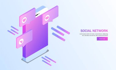 İzometrik smartphone sosyal medya uygulamaları parlak mavi arka plan ile. Sosyal ağ için duyarlı web şablonu tasarım.