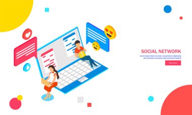 Minyatür insanlar dating online, arka plan üzerinde internet üzerinden. İzometrik tasarım konsepti sosyal ağ için.