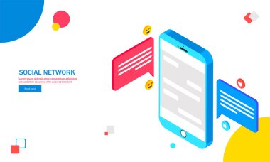 Simgeler ve arka plan üzerinde emoji mesajlarla izometrik smartphone. Sosyal ağ için duyarlı web şablonu tasarım.