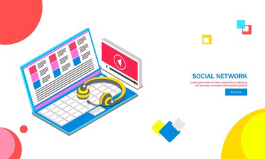 İzometrik laptop ile kulaklık ve sosyal ağ web şablonu tasarımı için arka plan video oynatma penceresinde.
