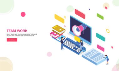 megafon ve çalışma ekipmanları, minyatür insanlar çözümleme verisi ekip çalışması kavramı için birlikte ile 3D masaüstü.