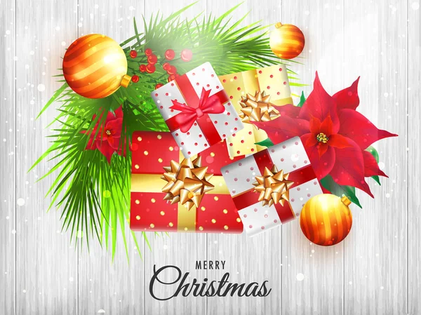 メリー クリスマスのお祝いの白い木製テクスチャ背景のクリスマス要素の上面図 — ストックベクタ