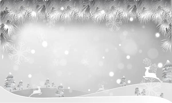 Красивый Зимний Пейзаж Заснеженными Рождественскими Деревьями Оленями Размытом Фоне Концепция — стоковый вектор