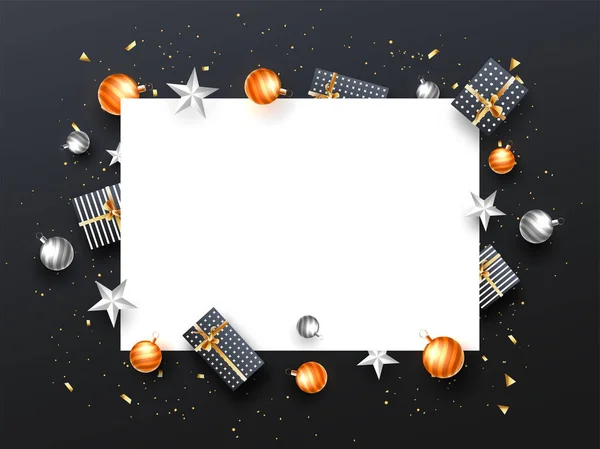 Festival Celebration Concept Top View Gift Boxes Baubles Stars Black — Stock Vector