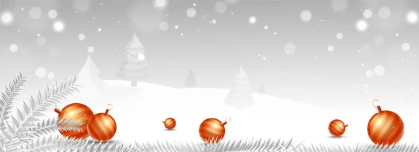 Зимний Пейзаж Заснеженными Елками Безделушками Празднования Рождества Заголовок Баннер Сайта — стоковый вектор