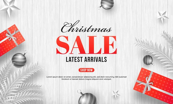 圣诞销售与最好的优惠 顶部的装饰礼品盒 明星和华而不实的白色木质纹理背景 — 图库矢量图片