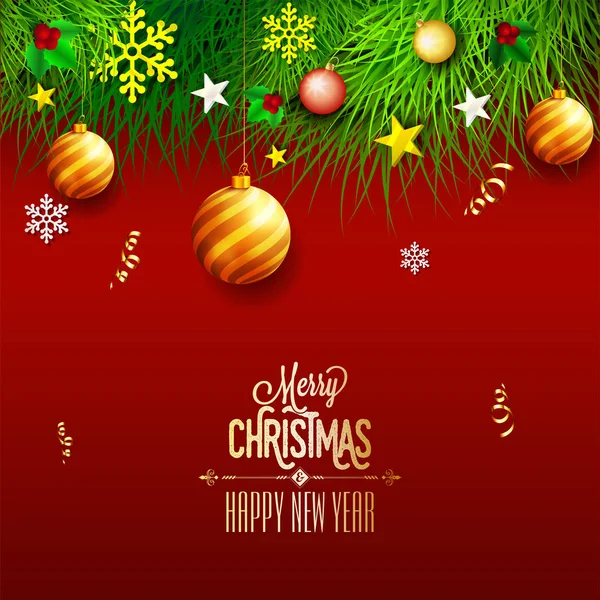 圣诞快乐新年贺卡设计与绿色草 星和垂悬摆设在红色背景 — 图库矢量图片