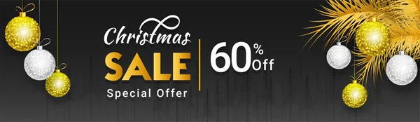 Christmas Sale Header Banner Design Discount Offer Decorative Baubles Pine — Stock Vector