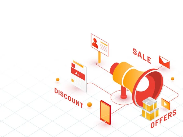 Megaphone Best Discount Offers Attract Buyers Online Purchasing Facility Isometric — Stock Vector