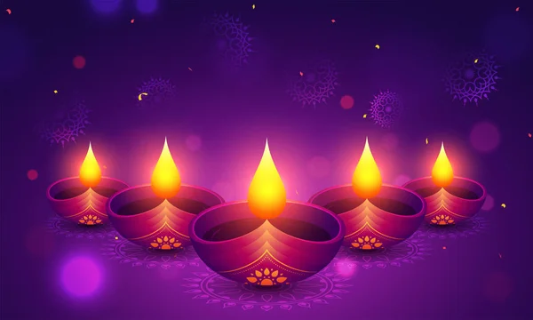 Csillogó Lila Háttér Megvilágított Reális Olajlámpák Diwali Ünnep Illusztrációja — Stock Vector