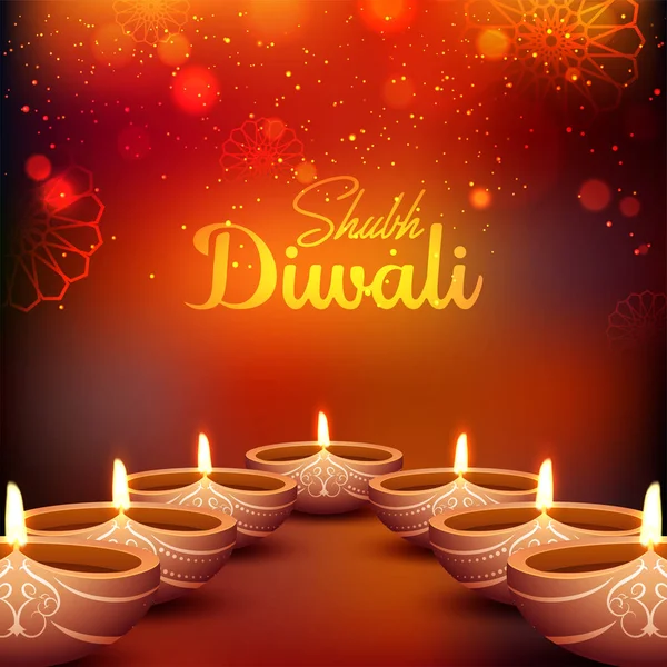 Shubh Happy Diwali Template Flyer Design Realistic Illuminated Oil Lamps — Stock Vector