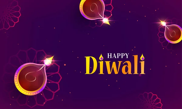 Ovanifrån Belysta Oljelampor Glänsande Lila Bakgrund För Happy Diwali Festival — Stock vektor