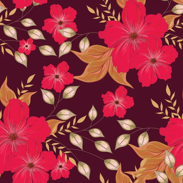 Червона Квітка Листям Прикрашеними Коричневому Безшовному Тлі Візерунка — стоковий вектор