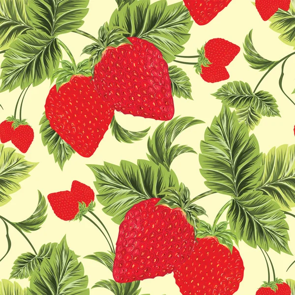 Βοτανική Χωρίς Ραφή Πρότυπο Φόντο Διακοσμημένο Φράουλες Και Πράσινα Φύλλα — Διανυσματικό Αρχείο