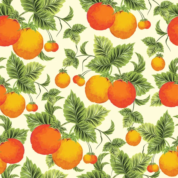 Oranje Vrucht Met Groene Bladeren Ingericht Naadloze Patroon Achtergrond — Stockvector