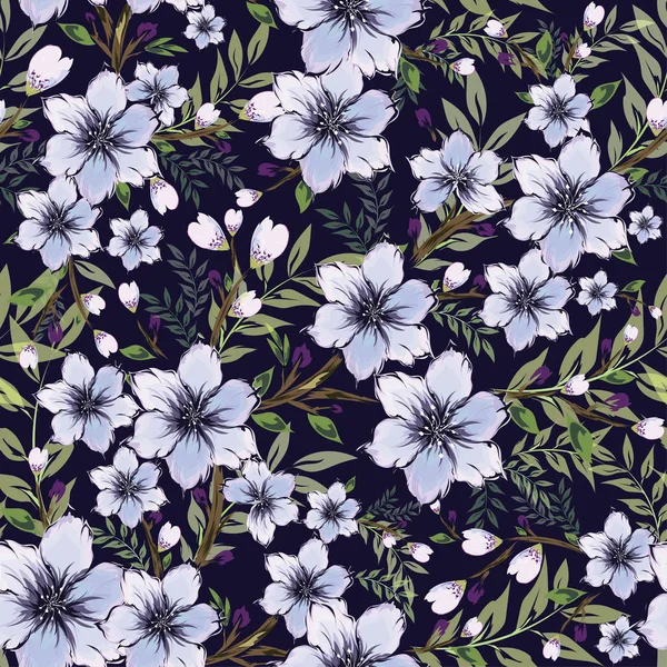 紫の花とつぼみは 青の背景に装飾されています 水彩画の効果とのシームレスなパターン背景 — ストックベクタ