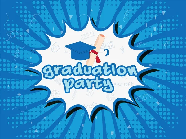 Pop Art Style Graduation Party Poster Template Design Illustration Mortarboard — Stock Vector