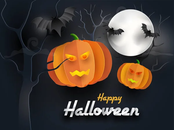 Glücklich Halloween Gruselig Hintergrund Mit Kürbis Gruselige Fledermäuse Vollmondnacht Und — Stockvektor