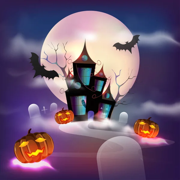 Halloween Full Moon Background Haunted House Lighted Jack Lantern Graveyard — Stock Vector